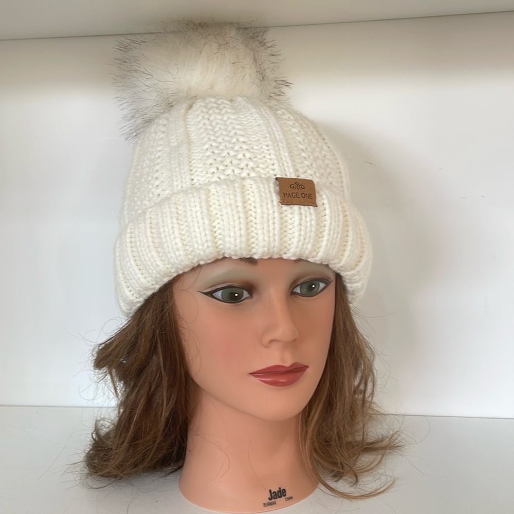 Page One Beanie Women with Furry Pom Pom Cream Color